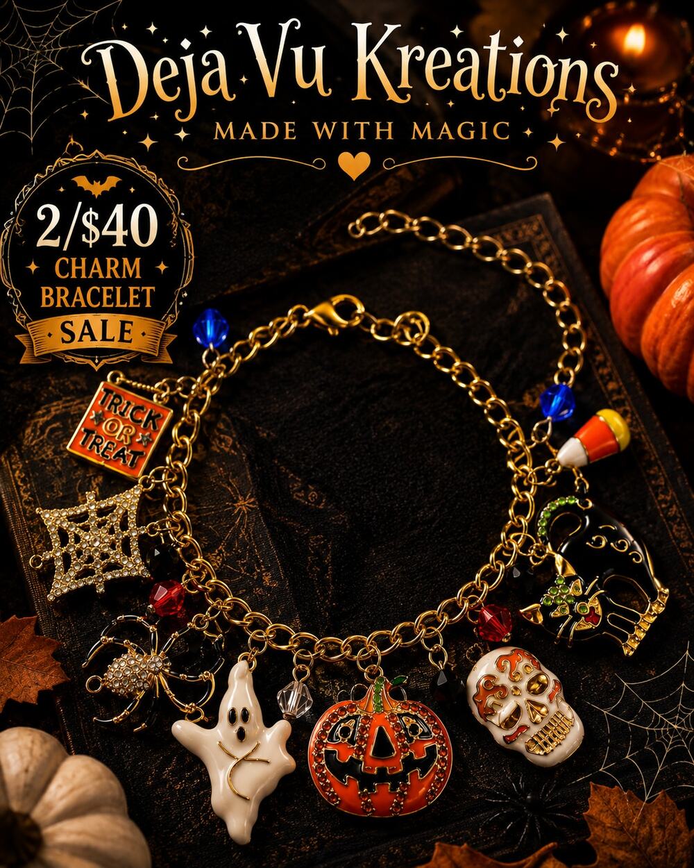 Gold Tone Halloween Charm Bracelet Ghost Pumpkin Black Cat